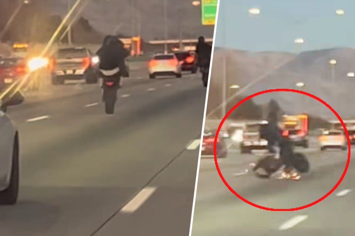 Motorcyclist's attempt at a highway wheelie ends in embarrassing failure