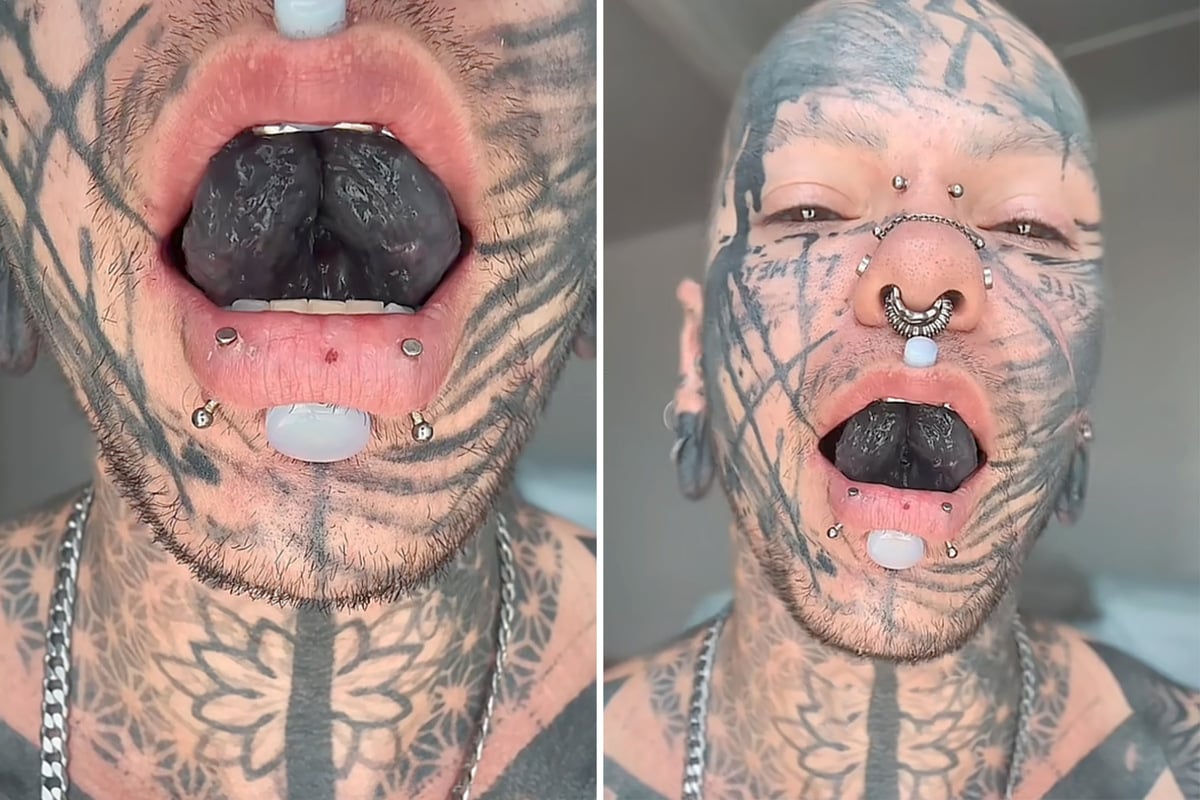 Extreme body mod addict splits tongue in half and tattoos it black