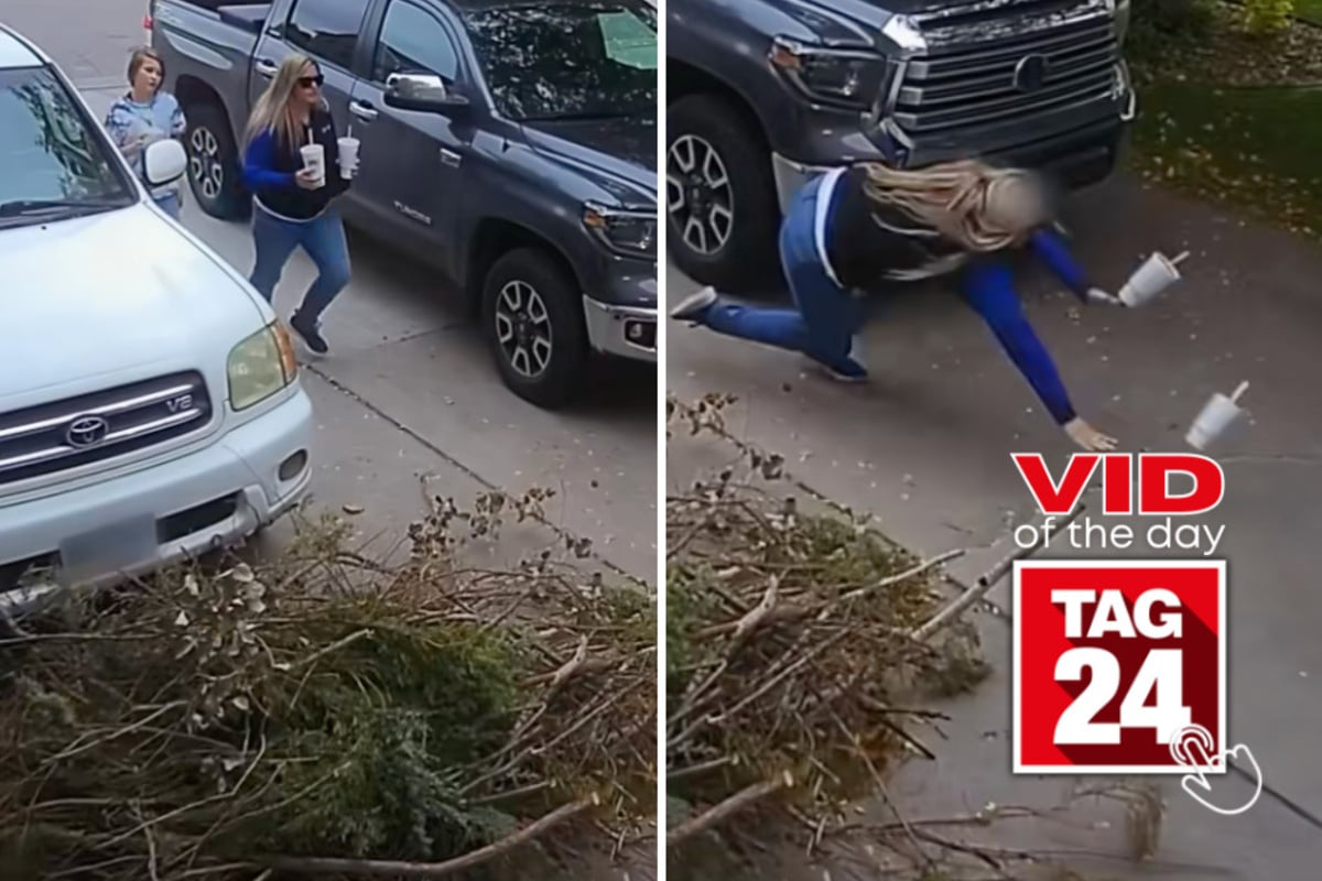 Viral Video of the Day for October 8, 2026: Mom takes hilarious tumble while walking home with kids: "I'm sad about my pop!"