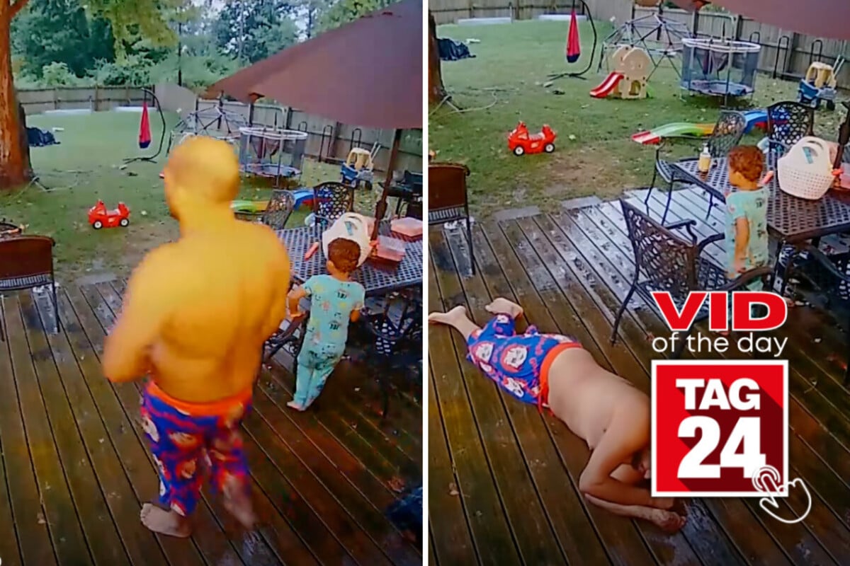 Viral Video of the Day for September 18, 2026: Dad takes two brutal falls on wet porch deck in front of unbothered son