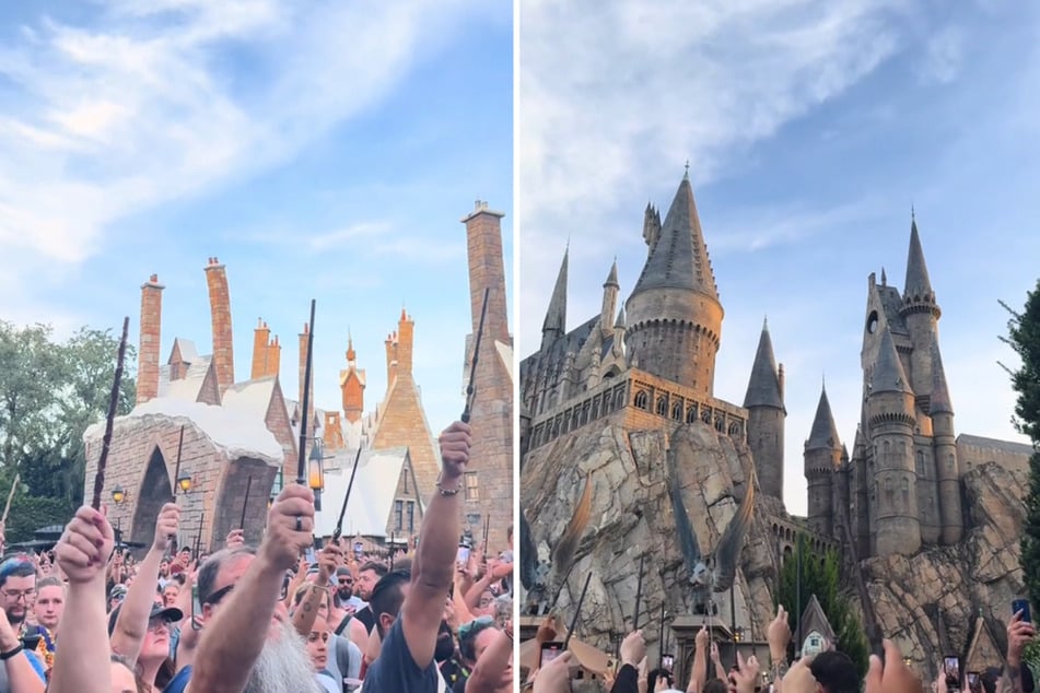 Harry Potter fans raised their wands outside the Hogwarts Castle replica in Florida in a tribute to Maggie Smith, who died at age 89.
