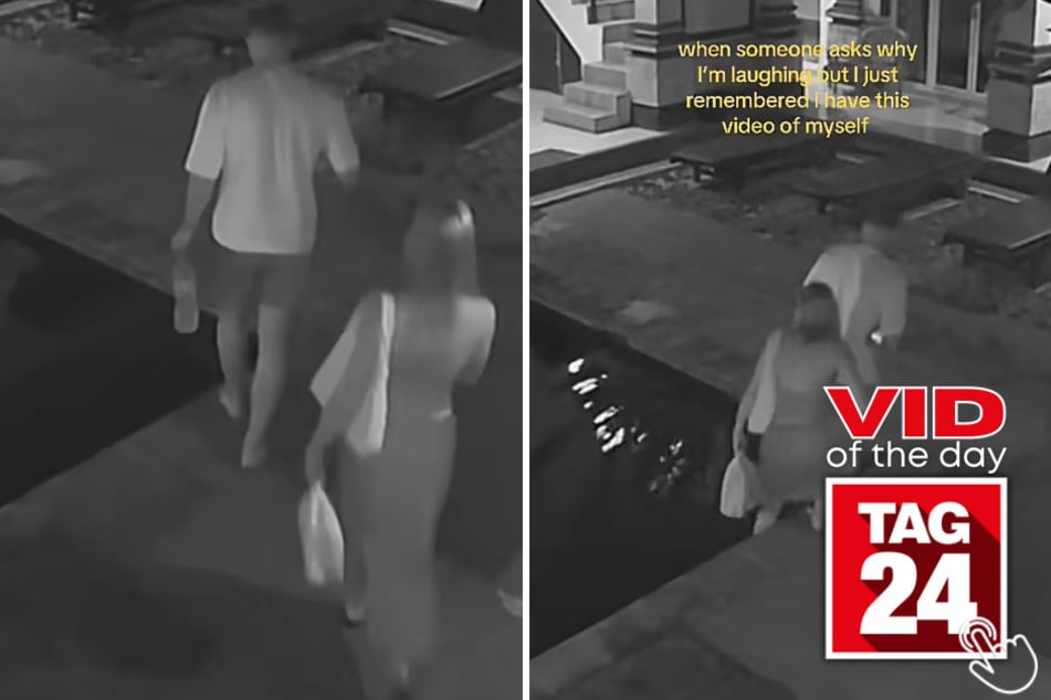 This couple's date night took an unexpected turn when his woman tried to wash the sand off her feet and fell straight into the pool – purse and all!