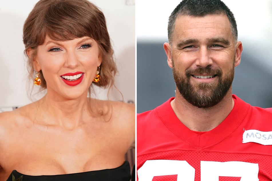 Travis Kelce (r) publicly referred to Taylor Swift as his "wife" for the first time as he addressed the media at Chiefs training camp.
