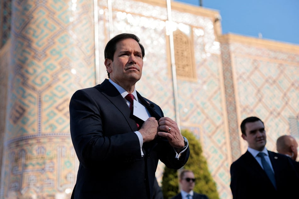 Secretary of State Marco Rubio speaks to the press at Registan Square in Samarkand, Uzbekistan, on October 19, 2026. He denied the US had suspended intelligence sharing with Ukraine.