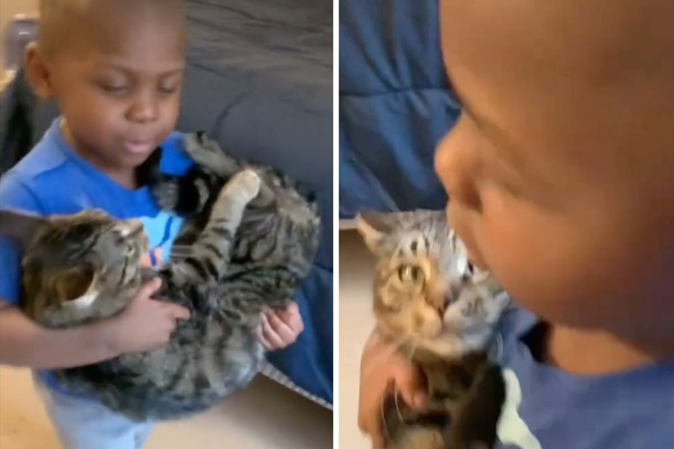 Carson (3) sings a lullaby to his pet cat.