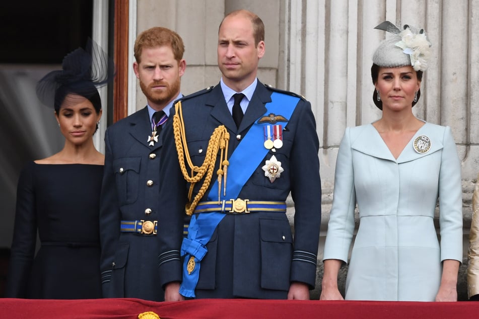 (From l. to r.) Meghan Markle, Prince Harry, Prince William, and Kate Middleton pictured together in 2018.