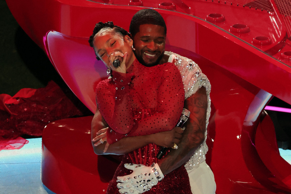 Alicia Keys and Usher perform during the Super Bowl LVIII halftime show at Allegiant Stadium in Las Vegas, Nevada.