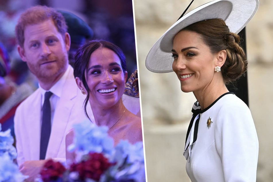 Prince Harry (l.) and Meghan Markle (c.) are said to be "desperately" working to reconnect with Kate Middleton as the princess undergoes treatment for cancer.
