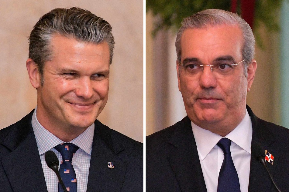 Dominican Republic's President Luis Abinader (r.) gestures during a press conference after a meeting with US Secretary of Defense Pete Hegseth (l.) at the National Palace in Santo Domingo on Wednesday.