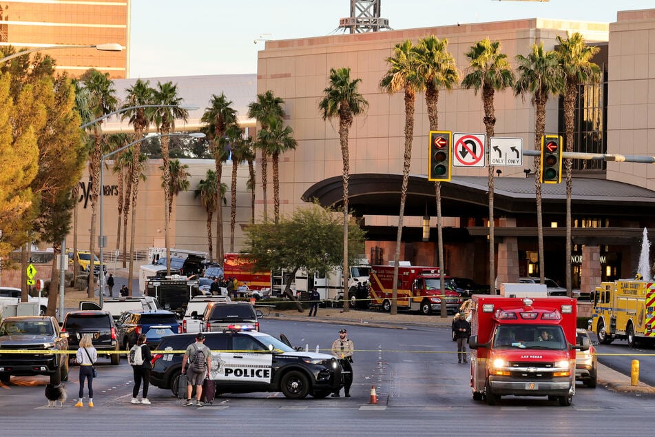 A Las Vegas Metropolitan Police Department vehicle blocks the road near the Trump International Hotel & Tower Las Vegas after a Tesla Cybertruck exploded in front of the entrance on Wednesday.