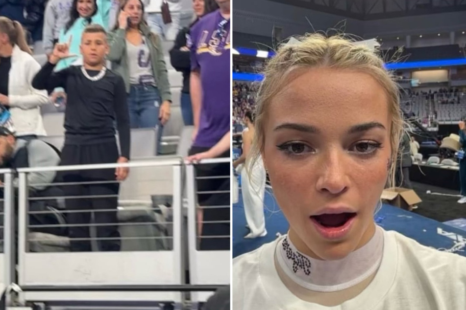 Olivia Dunne (r.) experienced an unexpected moment during her national championship competition with a surprise appearance from Baby Gronk!
