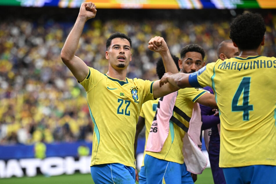Brazil's Gabriel Martinelli celebrates scoring their second goal against Japan on June 29, 2026.