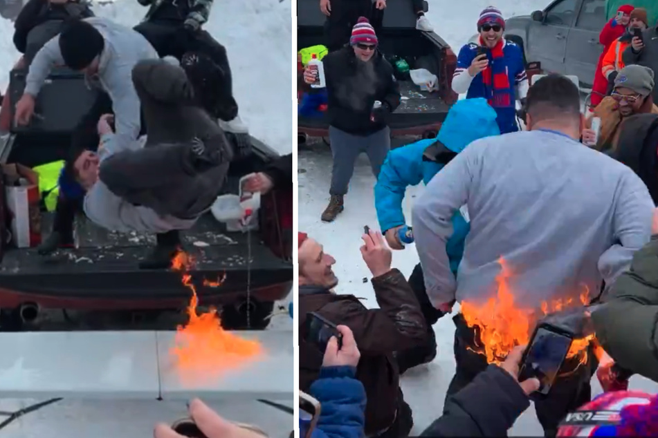 NFL fan catches fire in wild tailgate for Chiefs-Bills playoff game