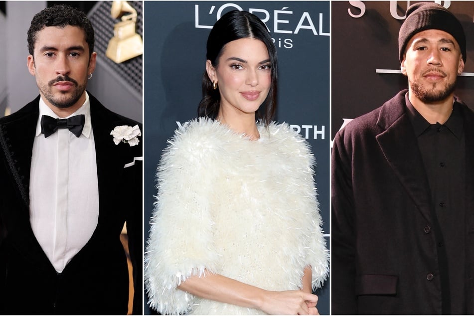 Kendall Jenner's (c) ex-boyfriend Devin Booker (r) had a seemingly shady remark about her other ex Bad Bunny's (l) halftime show.