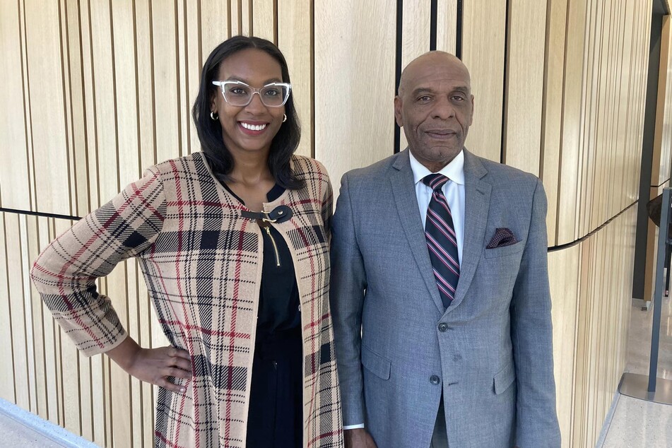 California Reparations Task Force Chair Kamilah Moore (l.) and Vice Chair Senator Steven Bradford pose together following the advancement of legislation to establish a California American Freedmen Affairs Agency.