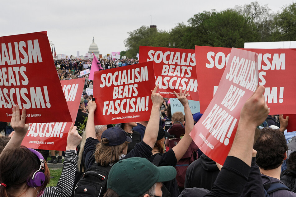 Demonstrators raise signs reading "Socialism Beats Fascism!" during the Hands Off protest on the Washington Monument grounds in Washington DC.