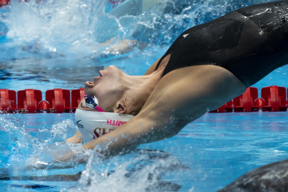 Regan Smith competes in the US Olympic Team Swimming Trials women’s 200 meter backstroke prelims at Lucas Oil Stadium in Indianapolis.