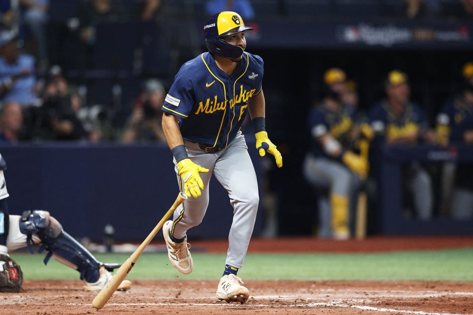 Milwaukee Brewers third baseman David Hamilton runs after hitting a solo home run against the Tampa Bay Rays during the fifth inning in game four of the 2026 World Series at Tropicana Field.