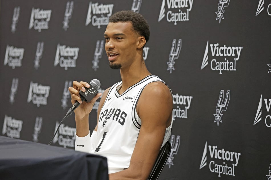 Victor Wembanyama #1 of the San Antonio Spurs speaks during Media Day on Monday. The center was last season's NBA Defensive Player of the Year.