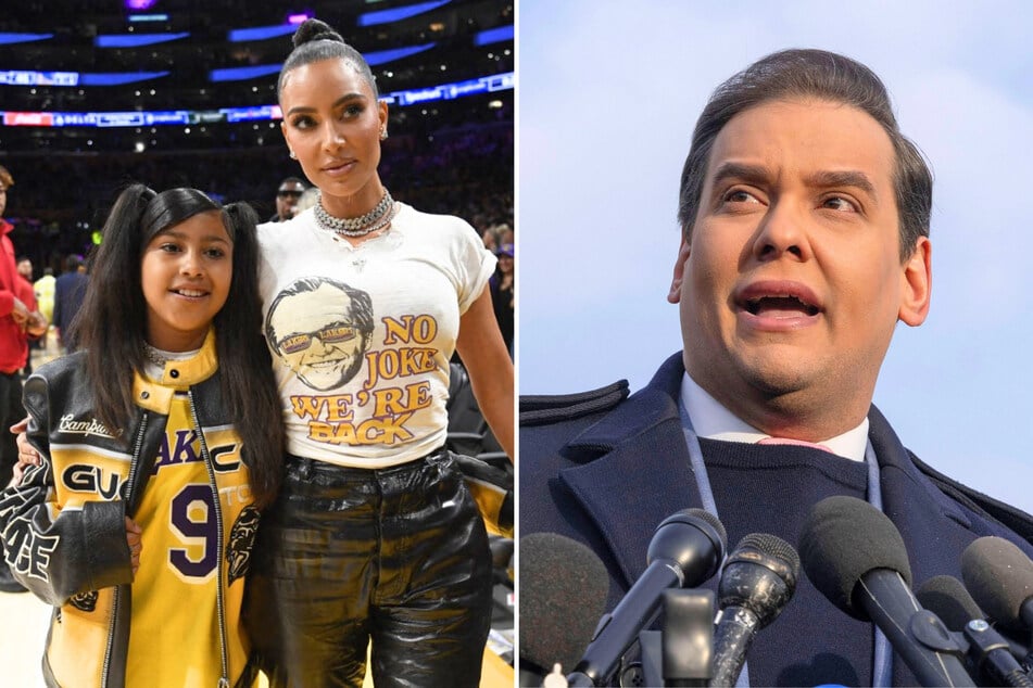 In a recent social media post, George Santos (r) criticized Kim Kardashian's parenting of her daughter North (l), arguing the reality star is more of a "pimp" than a mom.