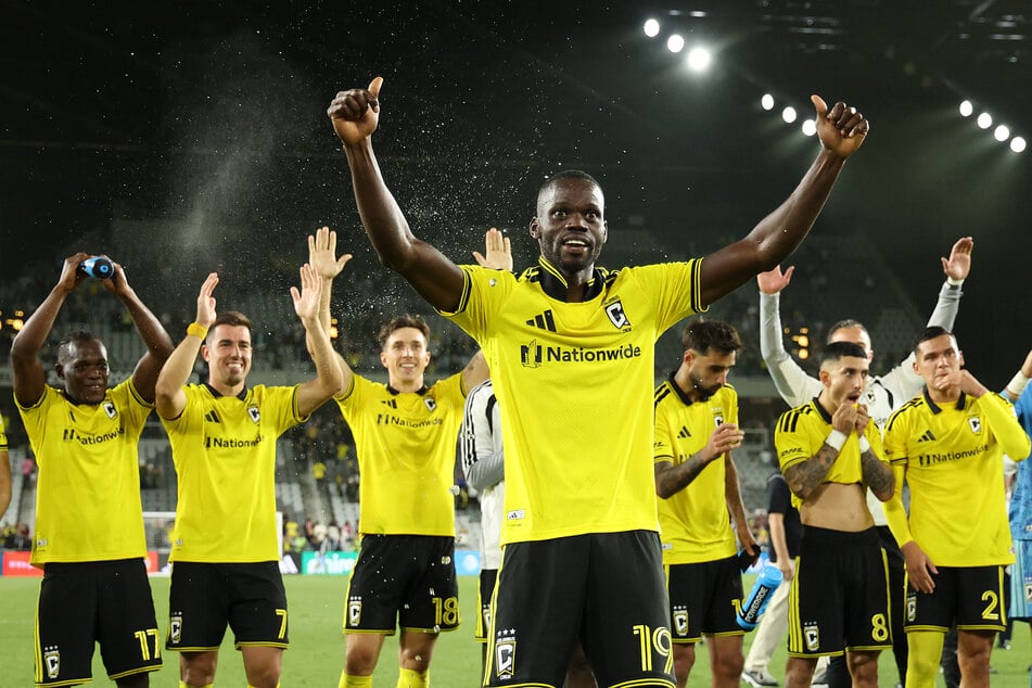 Jamal Thiare (c.) celebrates after the Columbus Crew won the MLS match against Inter Miami CF on September 27, 2026.