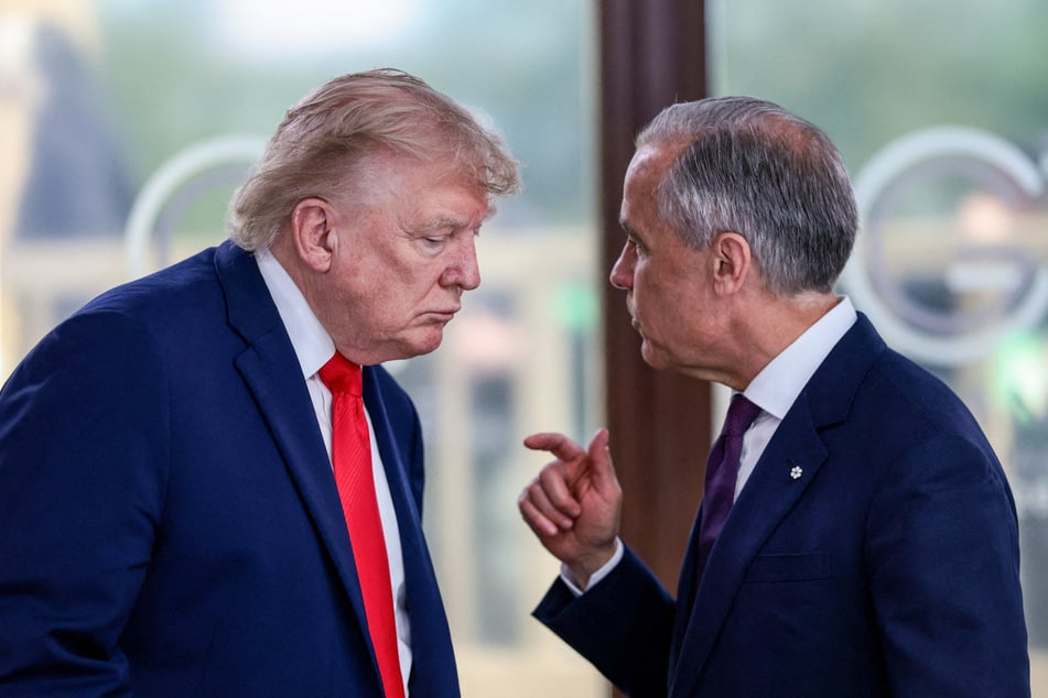 President Donald Trump (l.) speaks with Canada's Prime Minister Mark Carney during a work lunch as part of the G7 summit in Evian, France, on June 16. Trump's tariffs and digs at Canada have strained ties between the US and its northern neighbor.