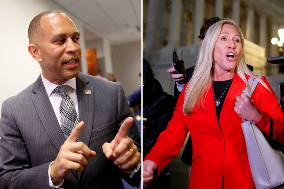 House Minority Leader Hakeem Jeffries (l.) recently shared his thoughts on Congresswoman Marjorie Taylor Greene being tapped to head a new government committee.