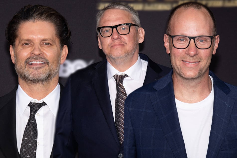 Winning Time's co-creator Jim Hecht (l.), director Adam McKay (c.), and co-writer Jeff Pearlman (r.) attended the series' premiere in Los Angeles on Wednesday.