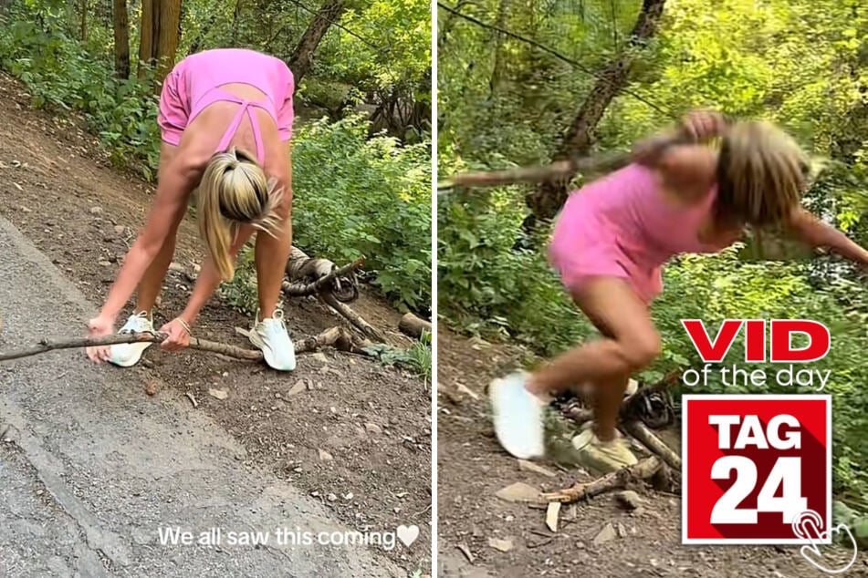 This woman was trying to break a stick when she suddenly slipped and rolled down the hill!