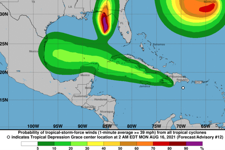 Tropical Storm Grace shows maximum sustained winds of 45 miles per hour.