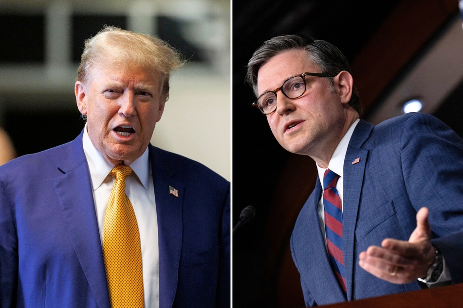 On Tuesday, House Speaker Mike Johnson (l.) made a promise to use his power in Congress to bring an end to Donald Trump's multiple criminal trials.