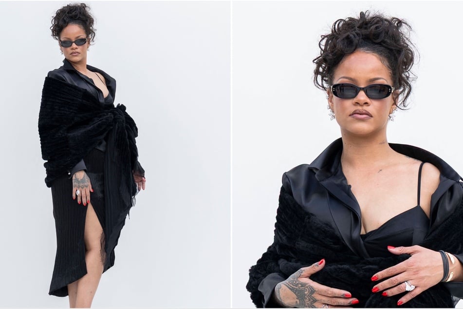 Rihanna pulled up to this year's Paris Fashion Week in a shimmering, gold two-piece combo and an all-black, oversized coat over a lace cami – plus a lot of diamonds!