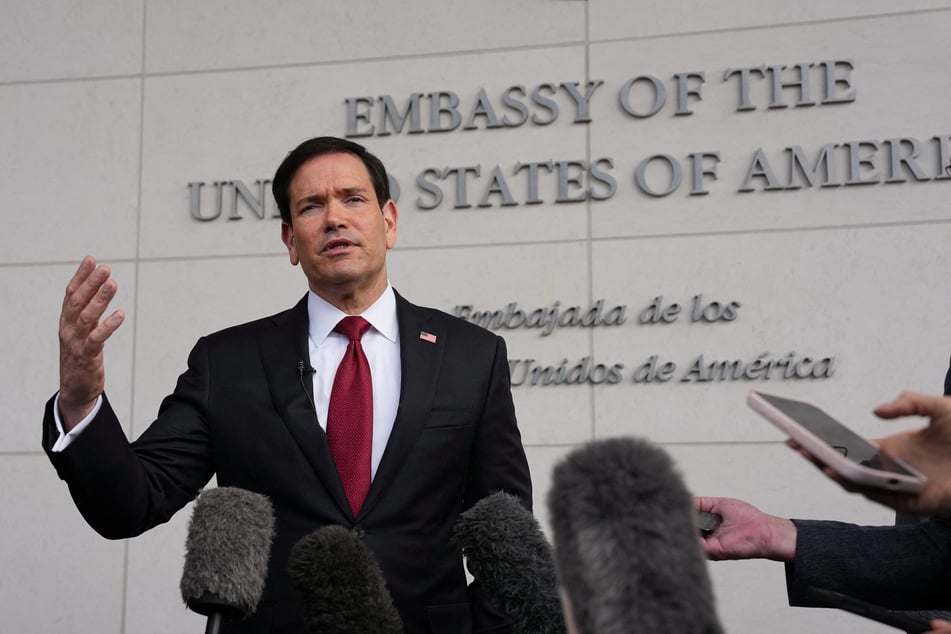 Marco Rubio speaks to the press outside the US embassy in Quito, Ecuador, on September 9, 2026. The secretary of state told reporters said the US would not follow the UK's example in imposing sanctions on trade with West Bank settlements.