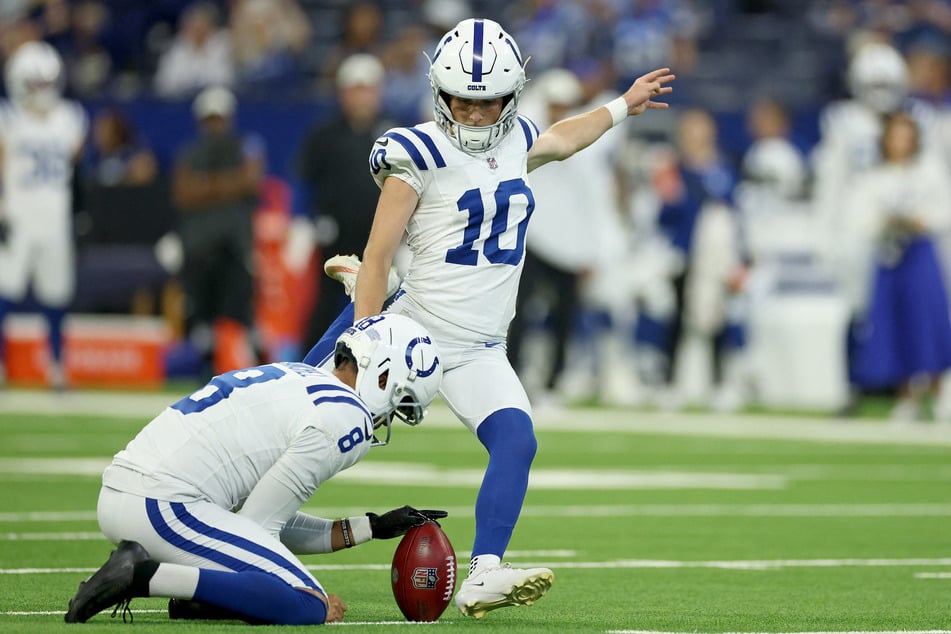 Blake Grupe of the Indianapolis Colts kicks a field goal against the Detroit Lions at Lucas Oil Stadium on August 29, 2026. He has been tapped as Harris Mevis' expected replacement.