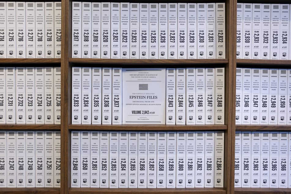 Bound volumes of the Epstein files are displayed at the Donald J. Trump and Jeffrey Epstein Memorial Reading Room in New York City on May 11, 2026.