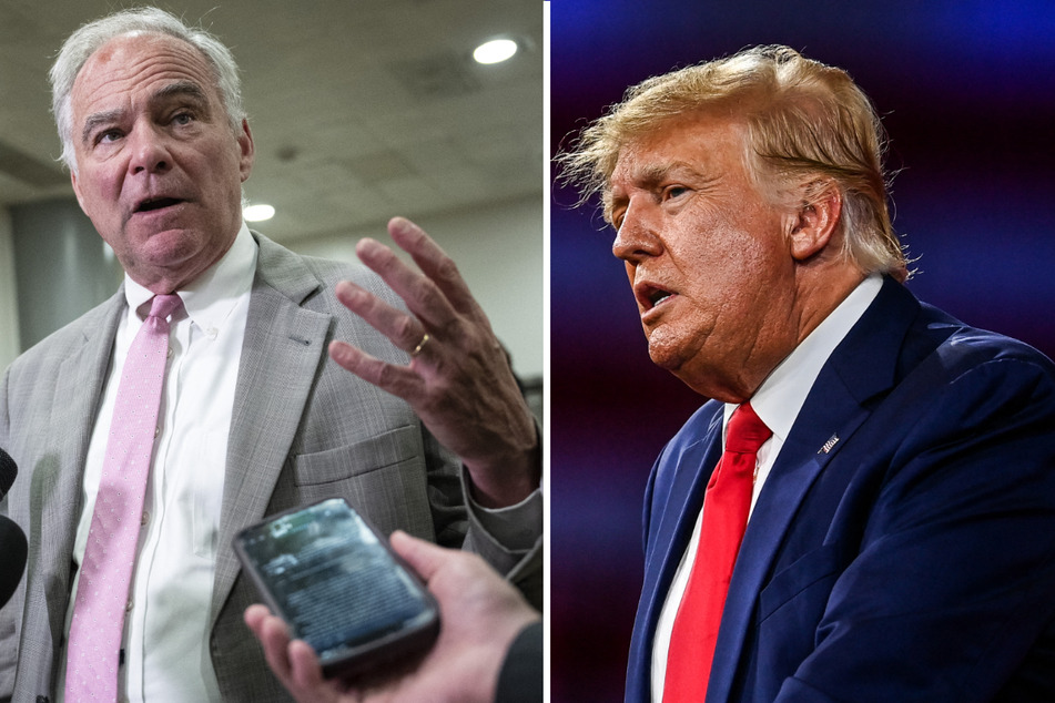 Virginia Senator Tim Kaine (l.) thinks there is a "powerful argument" that Donald Trump should be disqualified under the 14 Amendment from running for president.