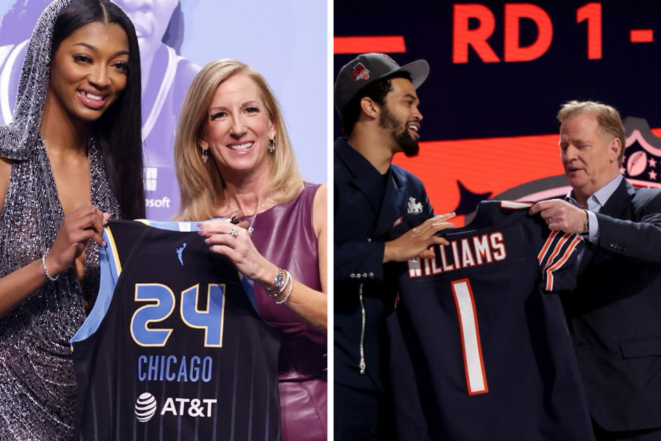 Chicago sports fans are enjoying a winning streak with the recent additions of star athletes such as Angel Reese (l.) and Caleb Williams (center r.).
