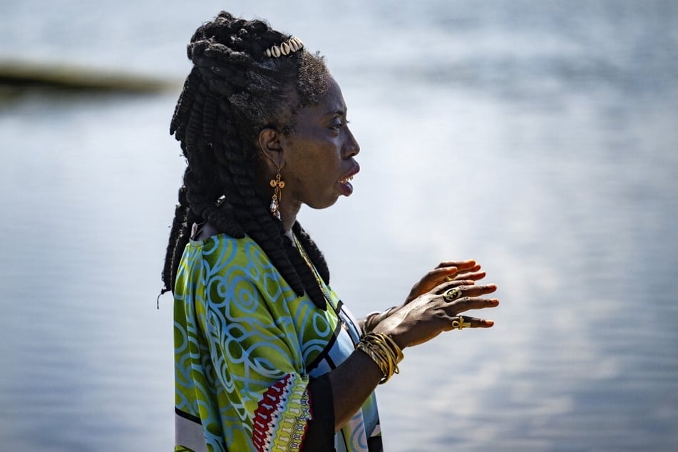 "Queen Quet" Marquetta Goodwine, chieftess of the Gullah Geechee Nation, speaks at Station Creek Landing in Saint Helena, South Carolina.