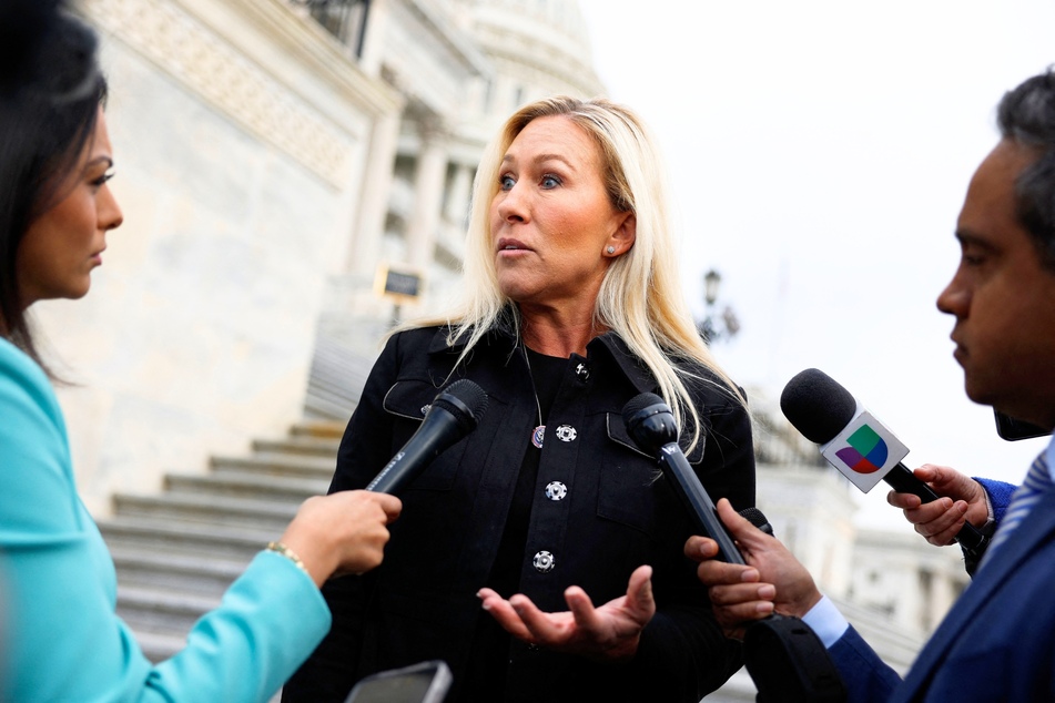 Rep. Marjorie Taylor Greene speaking to reporters after filing her motion to vacate House Speaker Mike Johnson in Washington DC on March 13, 2024.