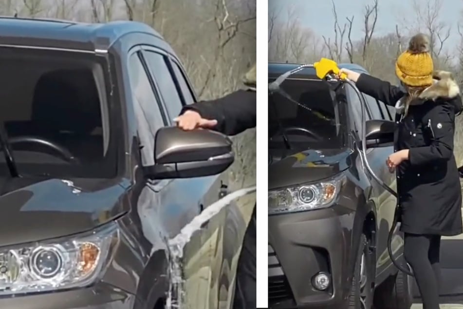Woman washing car with gasoline shocks onlookers: "That's not water!"