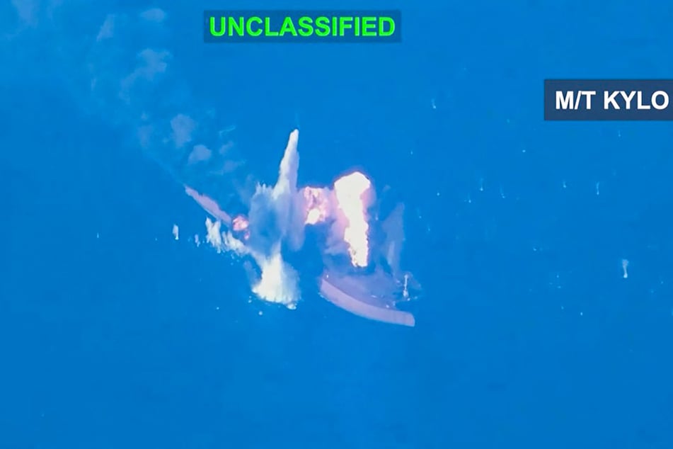 This screen grab from a September 5, 2026, handout video released by the US Central Command shows what CENTCOM says are strikes that destroyed three oil tankers linked to Islamic Revolutionary Guard Corps.