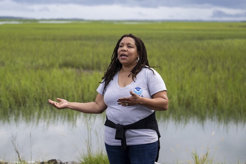 Dionne Hoskins-Brown, chair of the Gullah Geechee Cultural Heritage Corridor Commission, speaks at Station Creek Landing in Saint Helena, South Carolina.