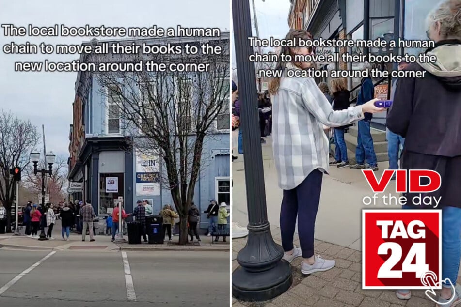 Community members passing books in a human chain to help a bookstore relocate in Chelsea, Michigan.
