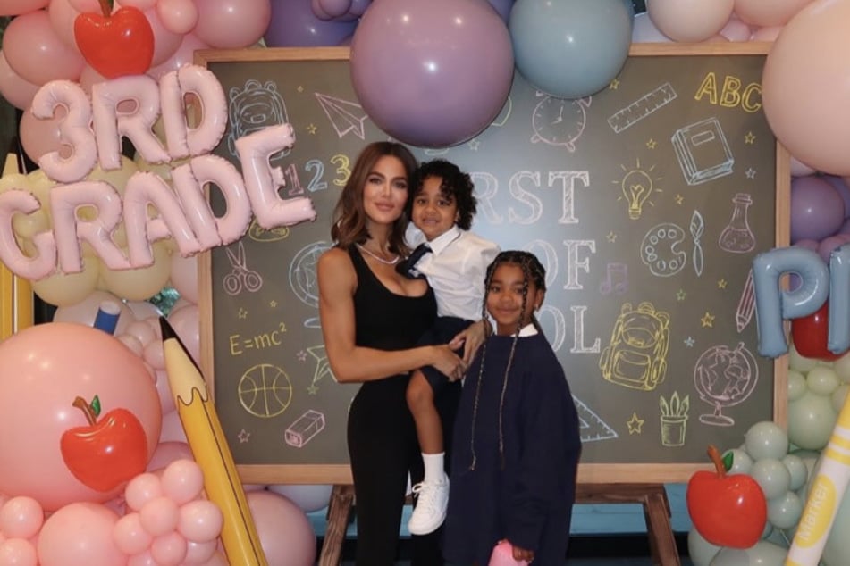 Khloé Kardashian (l) celebrated her son Tatum's (c) first day of Pre-K and her daughter True heading to the third grade.