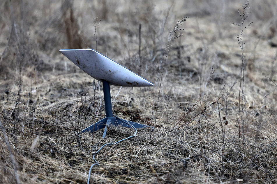 A Starlink satellite internet system is set up near the frontline town of Bakhmut in the Donetsk region amid Russia's attacks on Ukraine.