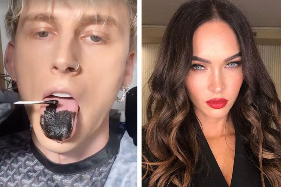 Machine Gun Kelly (l.) painted his tongue black ahead of taking the red carpet by storm with girlfriend Megan Fox.