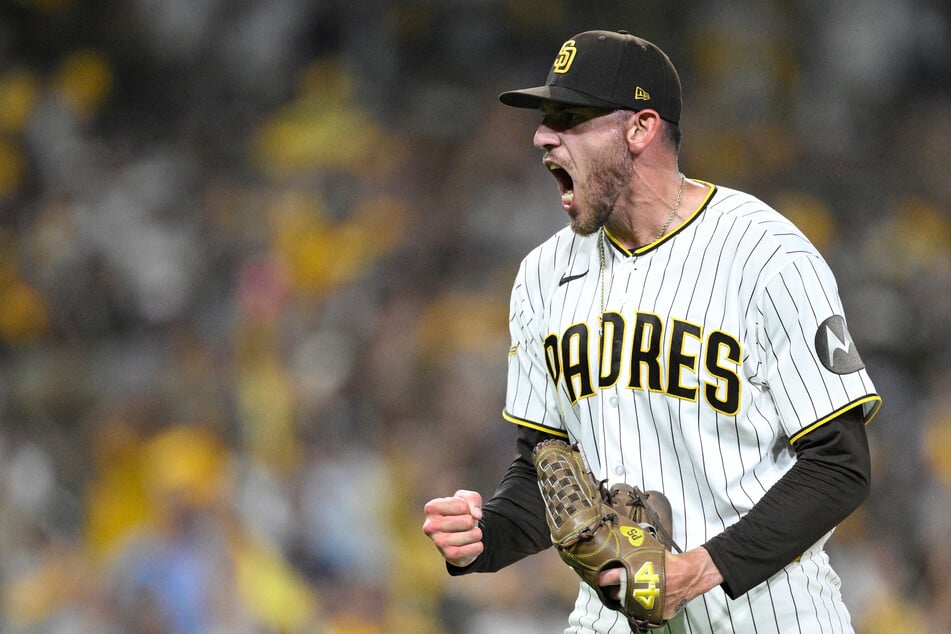 Joe Musgrove #44 of the San Diego Padres reacts his final strikeout to end Game 1 of the National League Wild Card Series on Tuesday. 