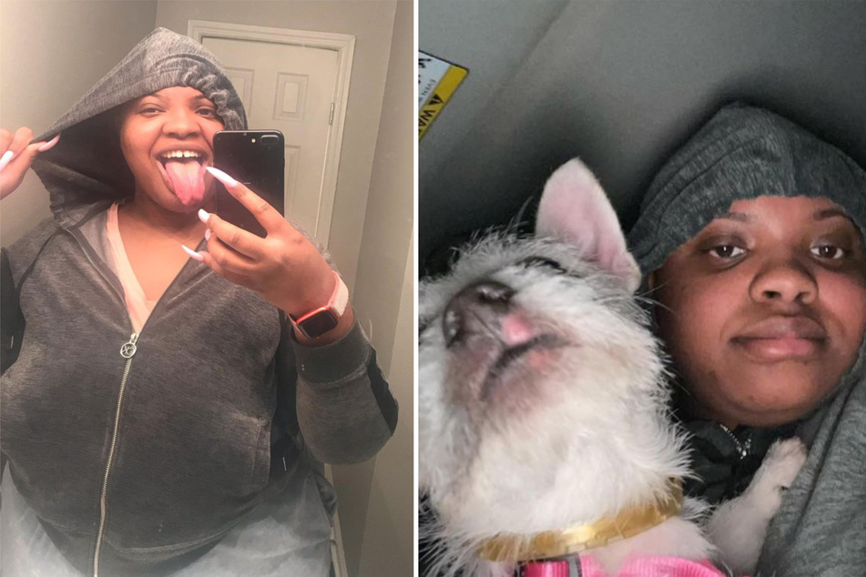 Brittany Johnson (20), a.k.a. "Lovely Peaches," reportedly sprayed perfume into her dog Max's eyes in order to get more followers (collage).