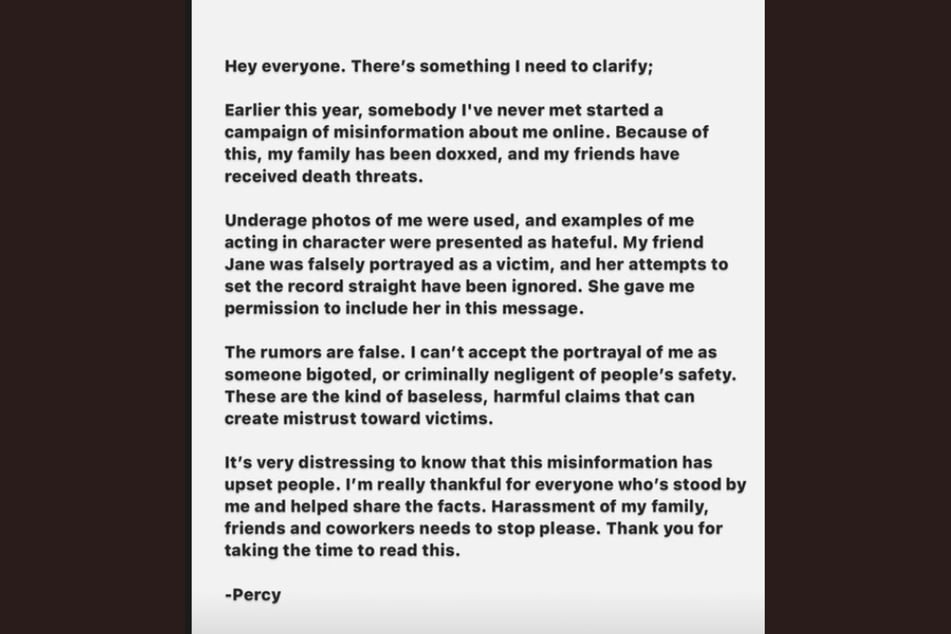 Actor Percy Hynes White posted a statement denying allegations of sexual assault to Instagram on Tuesday.
