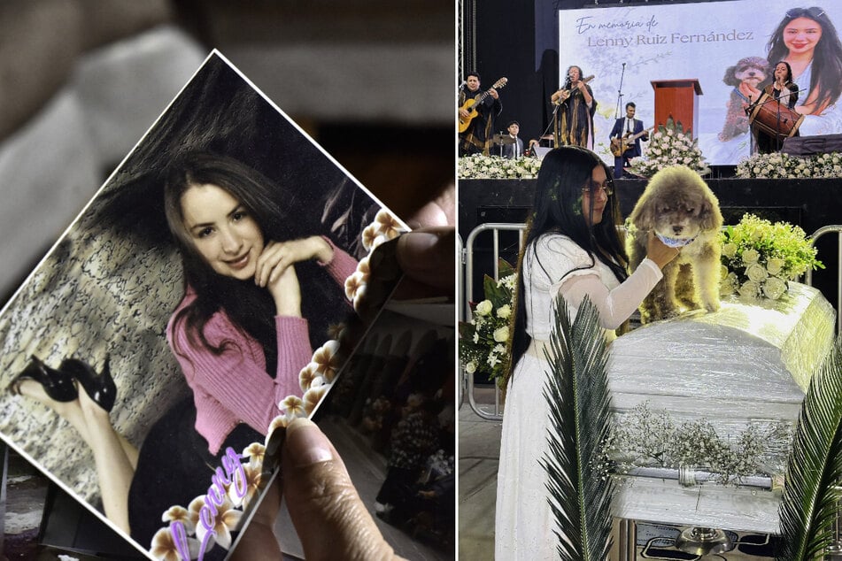 Jessica Florez, sister-in-law of the Colombian lawyer Lenny Ruiz (l.), who died protecting Salomon holds the dog (r.) during Ruiz's funeral in Pasto on August 13, 2026.
